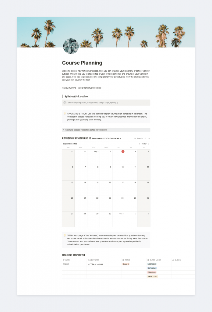 Notion Course Planning Template