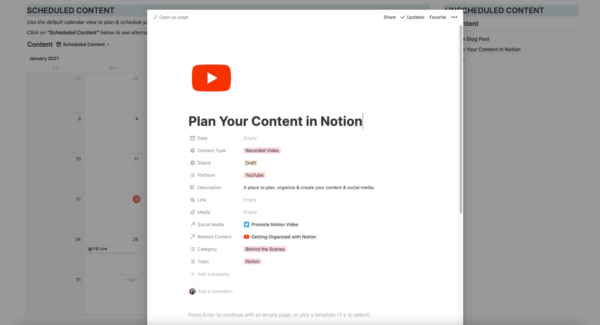 YouTube Content Creation Notion Template
