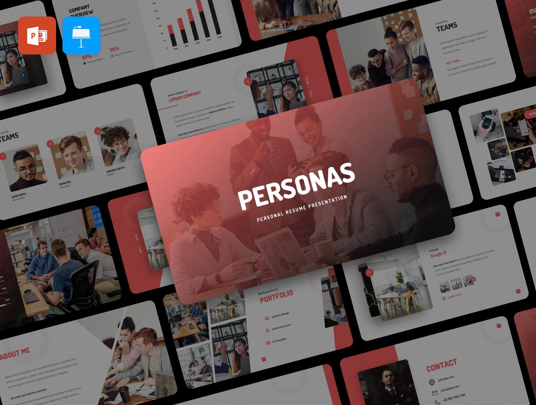 Personas is not only a resume presentation template for personal, but also can be used for agency, startup,  or company profile. It has 40 unique slides, all of them are resizable and editable.