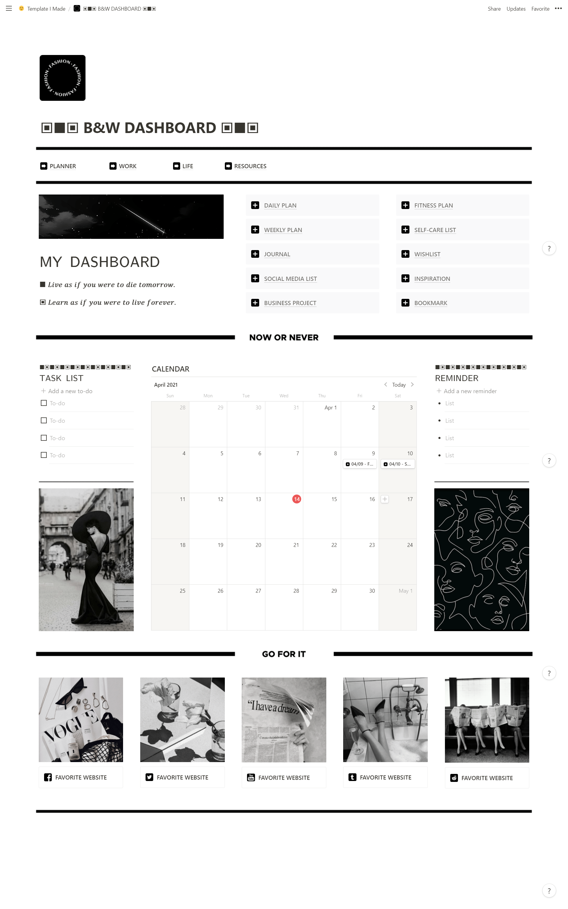  B&W DASHBOARD has classic minimal design, black and white color make it looks good. It offers pre-made database template page, one week fitness plan, 30 days self-care challenges. 