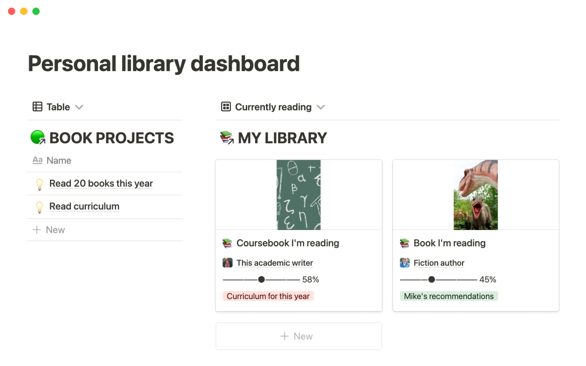 Personal library dashboard